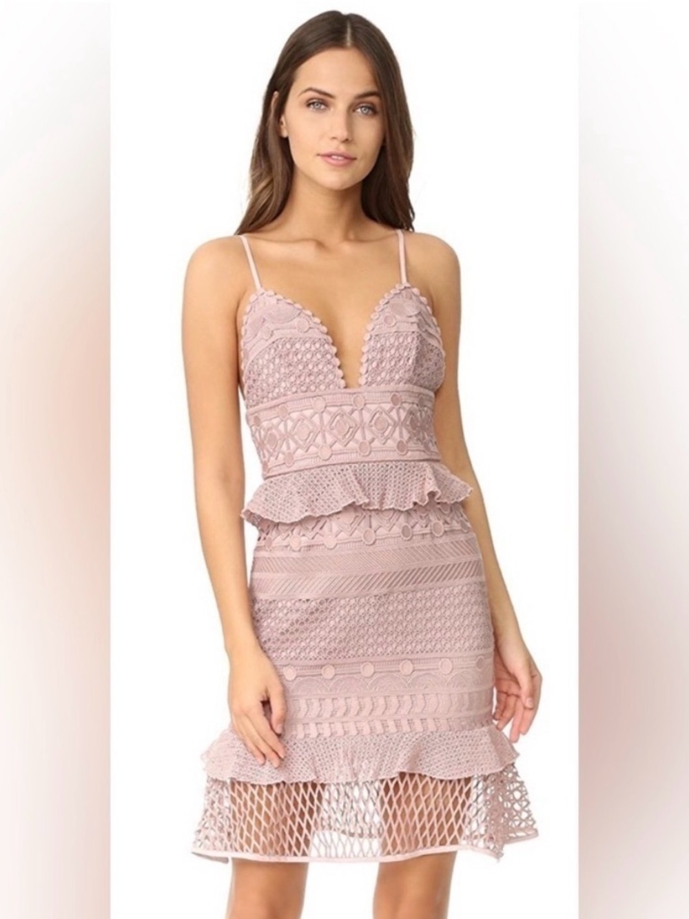 SAYLOR Blush Pink Crochet Peplum Midi Dress